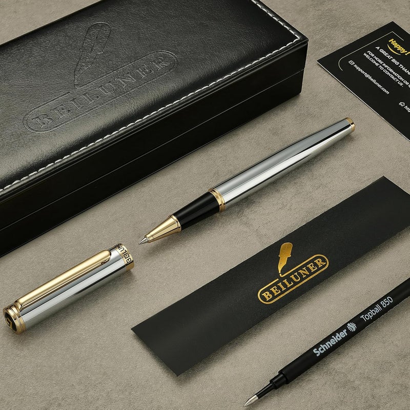 BEILUNER Luxury Rollerball Pen, Stunning Silver Chrome with 24K Gold Finish,Noble and Elegant Designs,Schneider Ink Refill, Best Gift Pen for Men & Women, Professional, Executive Office, Fancy Pens - Image 2